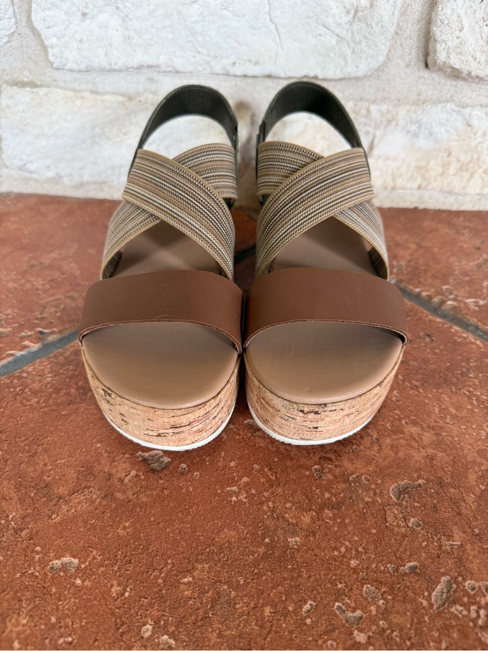 Sorel Tan Brown Cork Wedge Sandals with Elastic Cross Straps